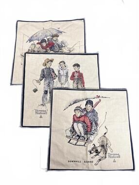 Vintage Norman Rockwell Pillow Panels Set 3 Americana Fabric Craft Squares